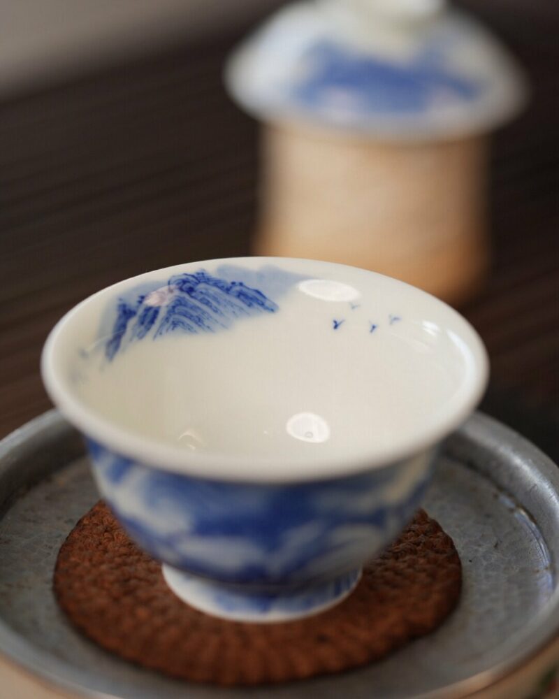 Handmade Hand-painted Qinghua Ceramic Landscape 60ml Gaiwan Set Pre Order Ship In 20 Days