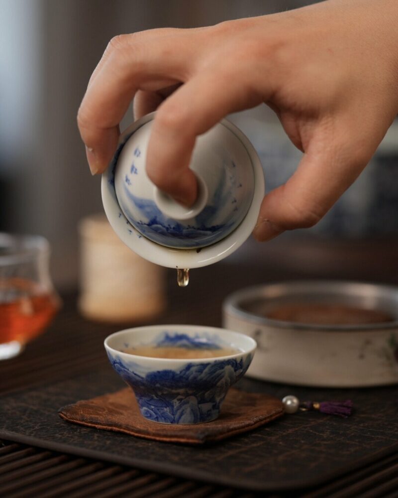 Handmade Hand-painted Qinghua Ceramic Landscape 60ml Gaiwan Set Pre Order Ship In 20 Days