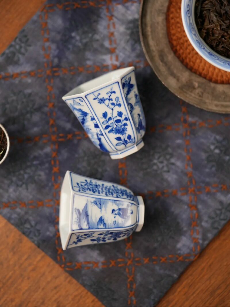 Handmade Hand-painted Underglaze decoration Porcelain Blue and White Landscape Hexagonal 50cc Tea Cup