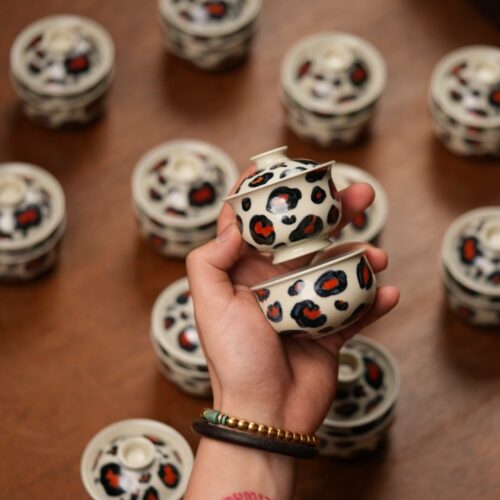 Hand-painted Qinghua Iron-red Porcelain leopard motif 60ml Gaiwan Set