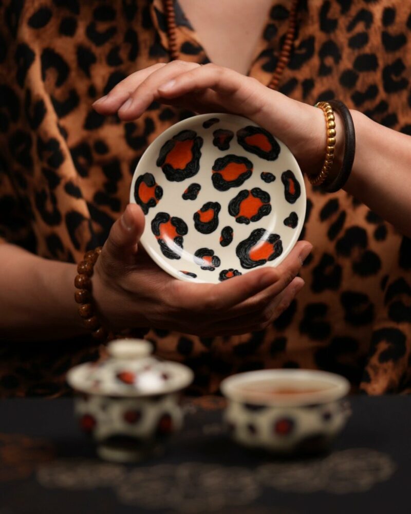 Hand-painted Qinghua Iron-red Porcelain leopard motif 60ml Gaiwan Set