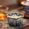 Handmade Hand-painted Qinghua Hexagonal Ceramic Blue-and-white floral window panels 120ml Host Cup