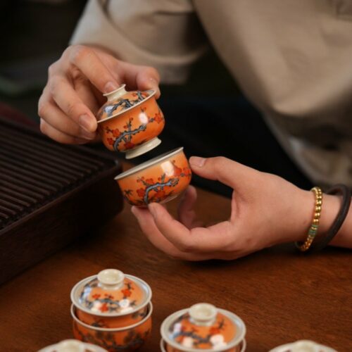 Handmade Hand-painted Qinghua Overglaze decoration Iron-red Porcelain pine bamboo plum 60ml Gaiwan Set