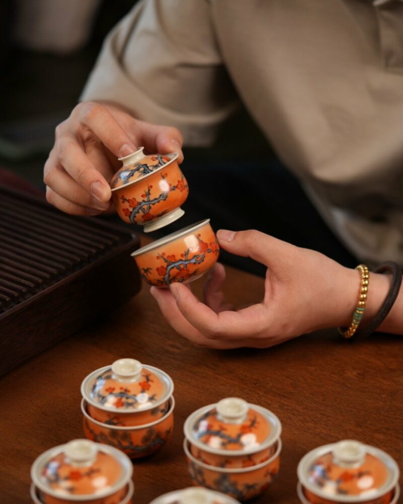 Handmade Hand-painted Qinghua Overglaze decoration Iron-red Porcelain pine bamboo plum 60ml Gaiwan Set