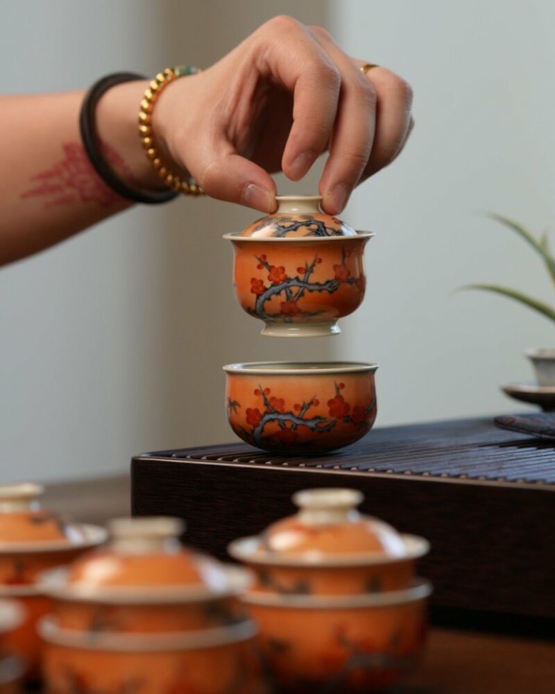 Handmade Hand-painted Qinghua Overglaze decoration Iron-red Porcelain pine bamboo plum 60ml Gaiwan Set