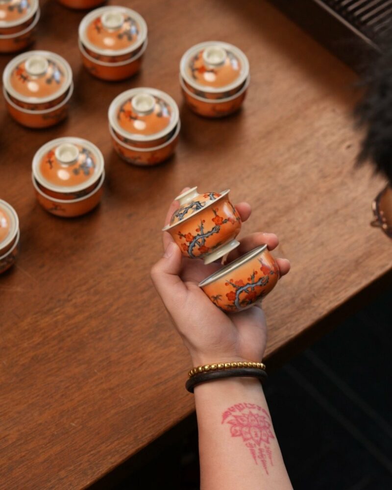 Handmade Hand-painted Qinghua Overglaze decoration Iron-red Porcelain pine bamboo plum 60ml Gaiwan Set