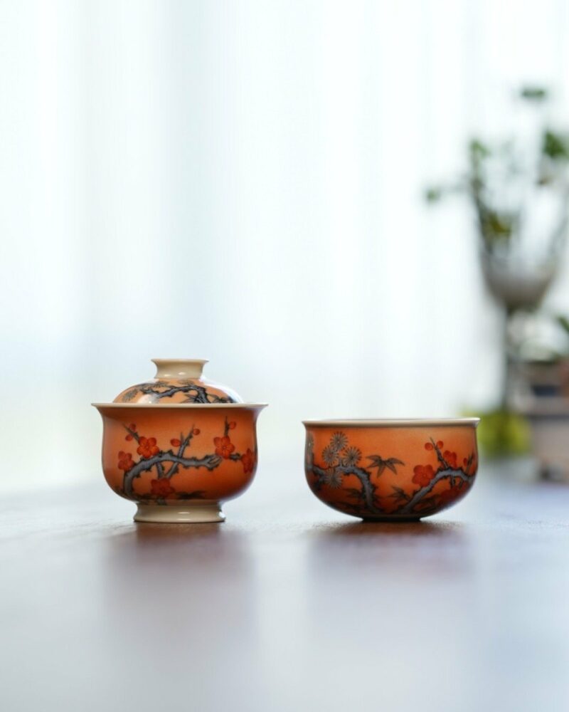 Handmade Hand-painted Qinghua Overglaze decoration Iron-red Porcelain pine bamboo plum 60ml Gaiwan Set
