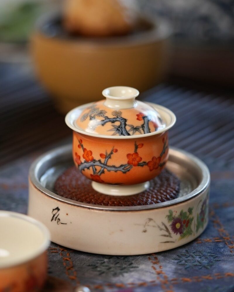 Handmade Hand-painted Qinghua Overglaze decoration Iron-red Porcelain pine bamboo plum 60ml Gaiwan Set