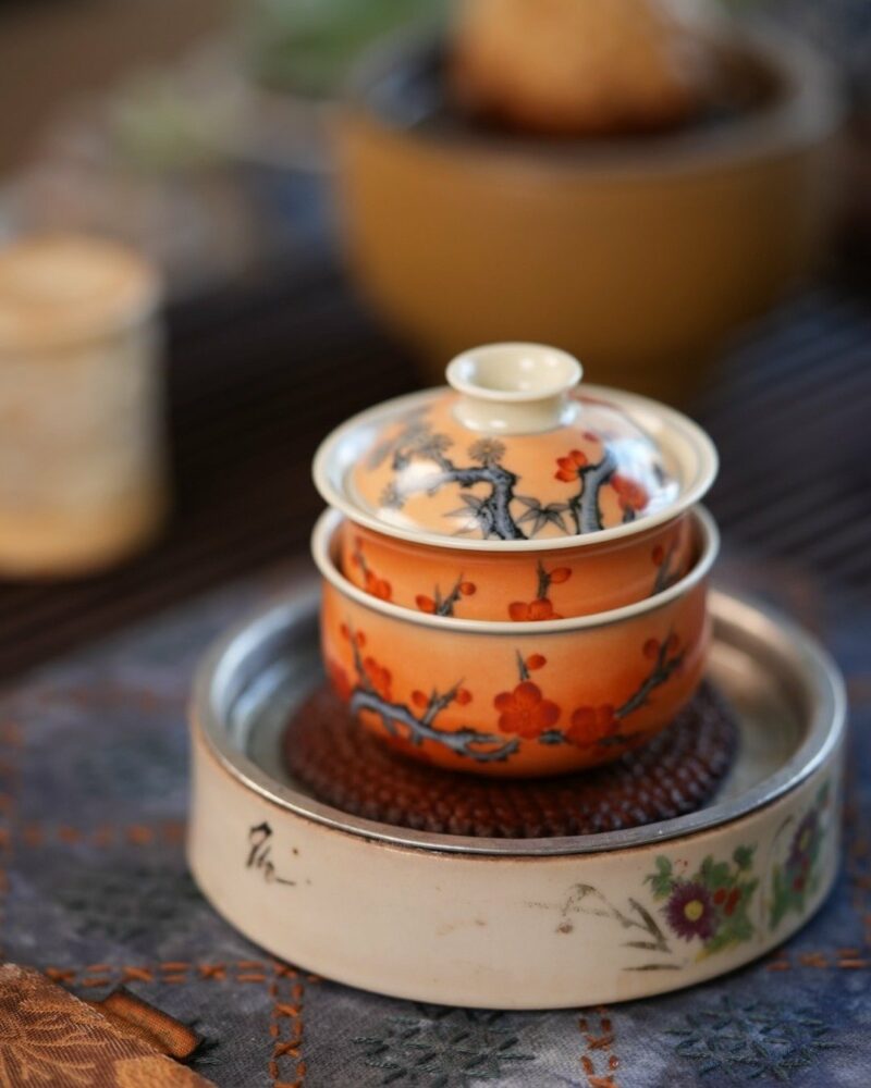 Handmade Hand-painted Qinghua Overglaze decoration Iron-red Porcelain pine bamboo plum 60ml Gaiwan Set
