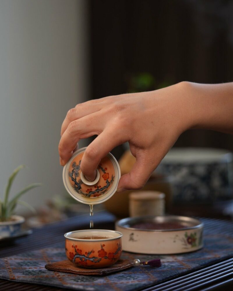 Handmade Hand-painted Qinghua Overglaze decoration Iron-red Porcelain pine bamboo plum 60ml Gaiwan Set