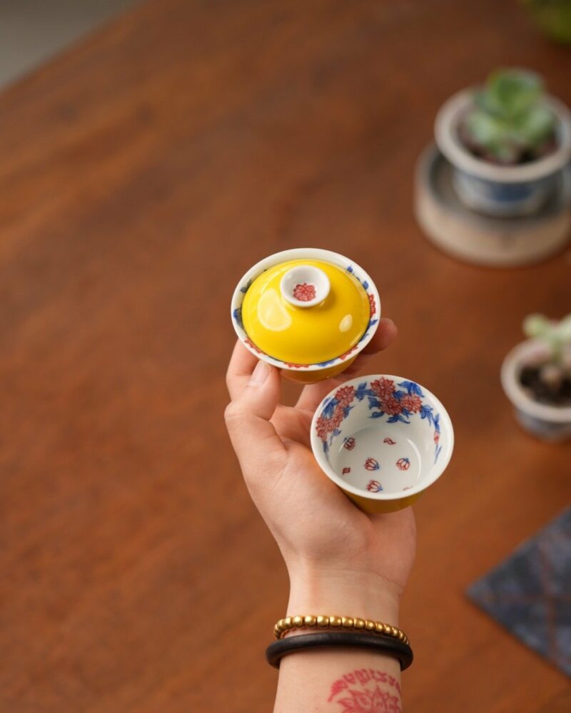 Handmade Hand-painted Qinghua Underglaze Red Wood-kiln Fired Porcelain goose-yellow glaze 65ml Gaiwan Set Pre Order Ship In 20 Days