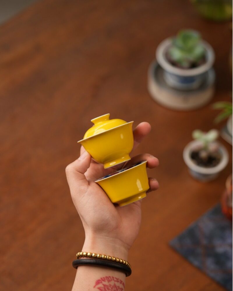 Handmade Hand-painted Qinghua Underglaze Red Wood-kiln Fired Porcelain goose-yellow glaze 65ml Gaiwan Set Pre Order Ship In 20 Days