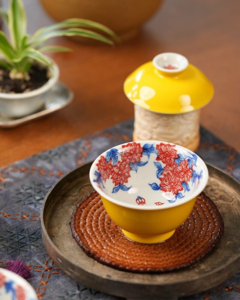Handmade Hand-painted Qinghua Underglaze Red Wood-kiln Fired Porcelain goose-yellow glaze 65ml Gaiwan Set Pre Order Ship In 20 Days