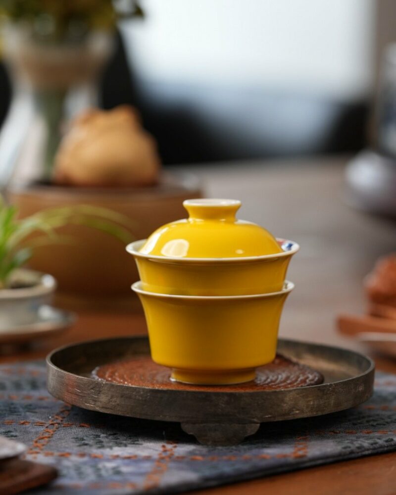 Handmade Hand-painted Qinghua Underglaze Red Wood-kiln Fired Porcelain goose-yellow glaze 65ml Gaiwan Set Pre Order Ship In 20 Days