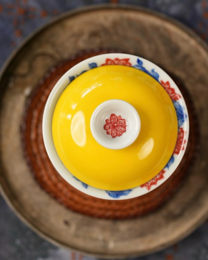 Handmade Hand-painted Qinghua Underglaze Red Wood-kiln Fired Porcelain goose-yellow glaze 65ml Gaiwan Set Pre Order Ship In 20 Days