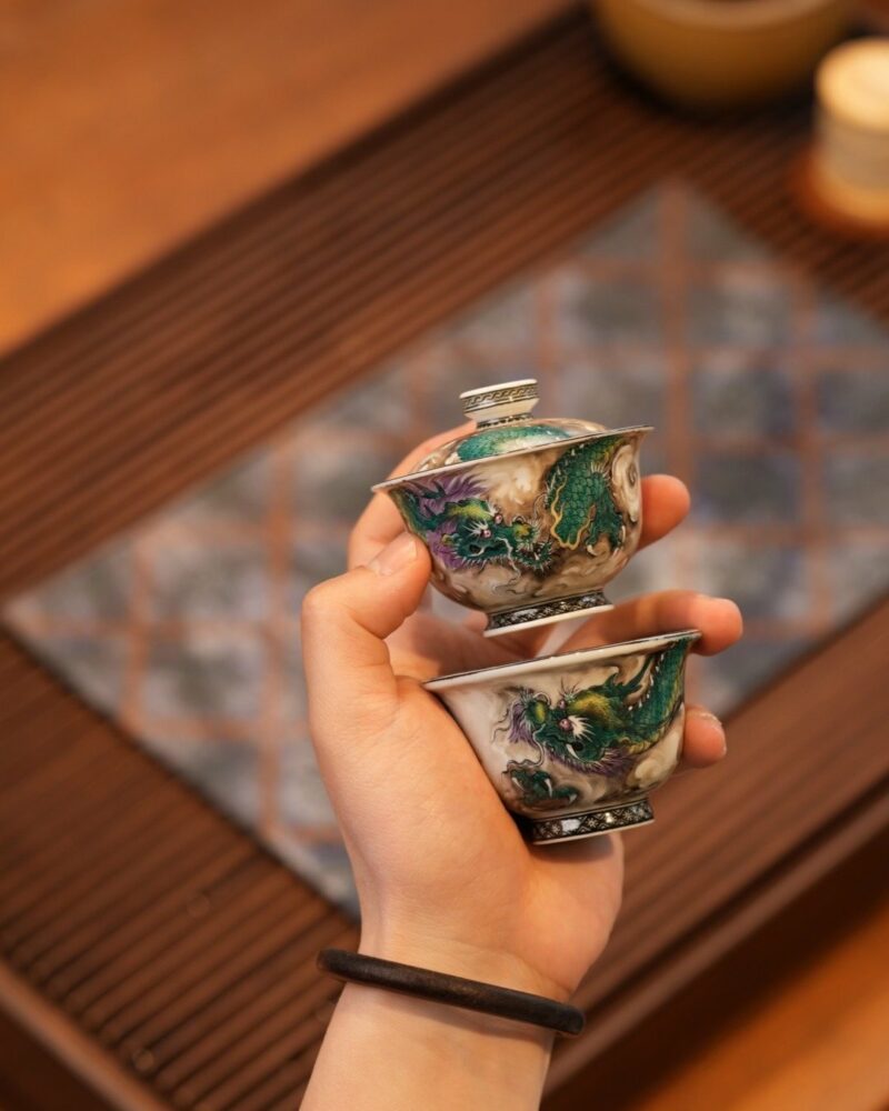 Handmade Overglaze decoration Chinese Style Porcelain Cloud-Piercing Green Dragon 70ml Gaiwan Set Preorder Ship in 30 Days