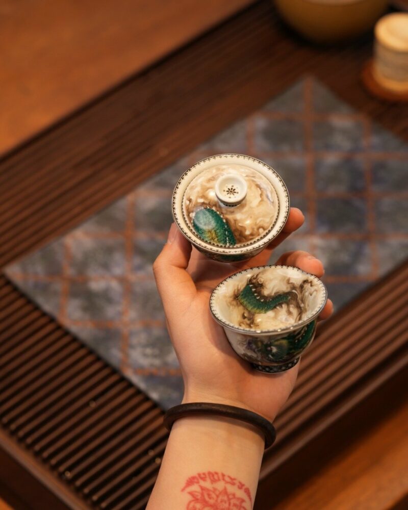 Handmade Overglaze decoration Chinese Style Porcelain Cloud-Piercing Green Dragon 70ml Gaiwan Set Preorder Ship in 30 Days