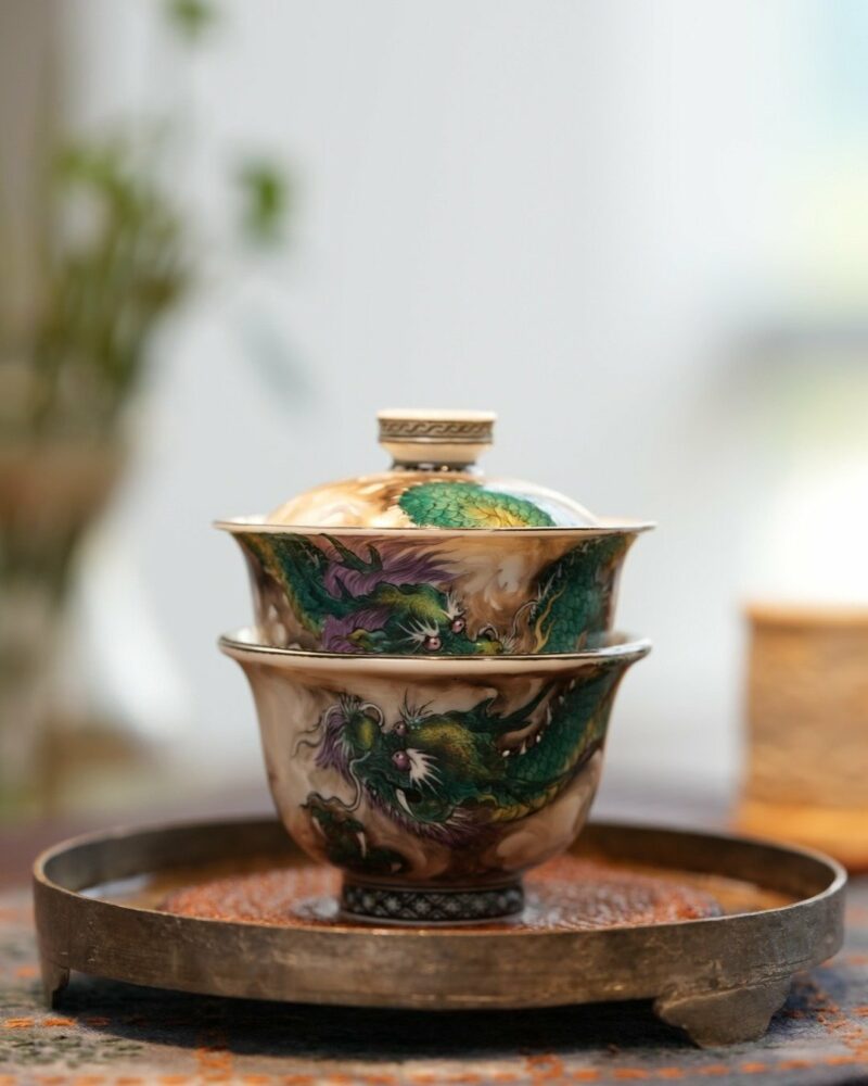 Handmade Overglaze decoration Chinese Style Porcelain Cloud-Piercing Green Dragon 70ml Gaiwan Set Preorder Ship in 30 Days
