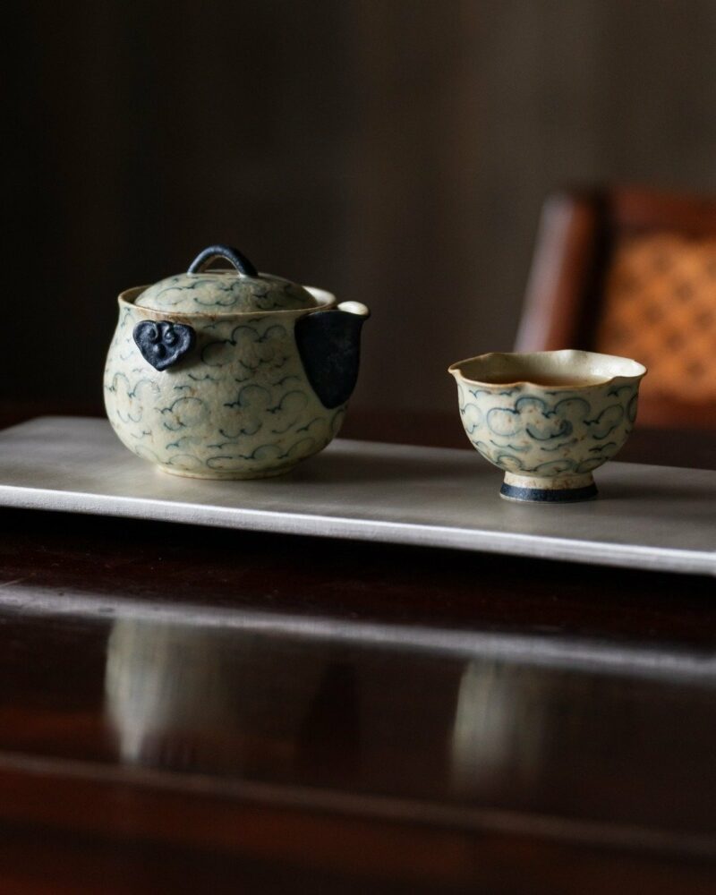 Handmade Vintage Style Ceramic Hand-Painted Blue Cloud Pattern 150ml Grabpot