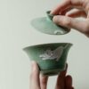 Hand-painted Ceramic Cloud Green Resting Cat Horseshoe Shape Gaiwan