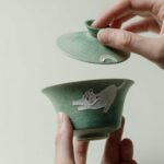 Hand-painted Ceramic Cloud Green Resting Cat Horseshoe Shape Gaiwan
