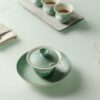 Hand-painted Ceramic Cloud Green Resting Cat Horseshoe Shape Gaiwan
