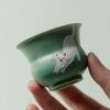 Hand-painted Ceramic Cloud Green Resting Cat Horseshoe Shape Gaiwan