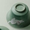 Hand-painted Ceramic Cloud Green Resting Cat Horseshoe Shape Gaiwan