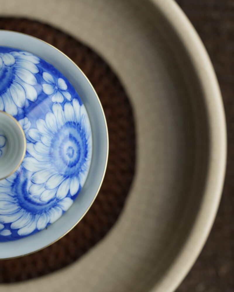 Hand-painted Qinghua Gold Rim Porcelain Sunflower 85ml Gaiwan Set