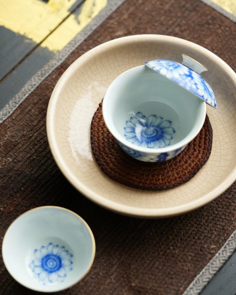 Hand-painted Qinghua Gold Rim Porcelain Sunflower 85ml Gaiwan Set