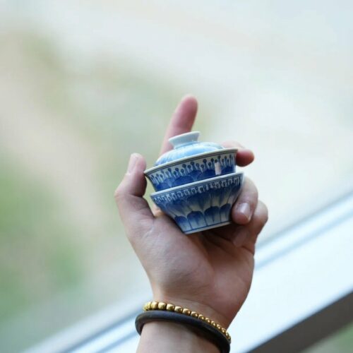 Hand-painted Qinghua Wood-kiln Fired Porcelain Lotus 60ml Gaiwan Set Pre Order Ship In 20 Days