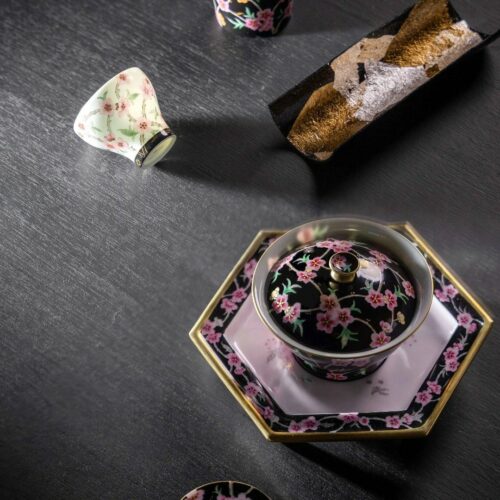 Handmade Hand-painted Porcelain Peach Blossom Black and Gold Tea Set Chinese Tea Set