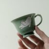 Hand-painted Ceramic Cloud Green Resting Cat Horseshoe Shape 100ml Gaiwan