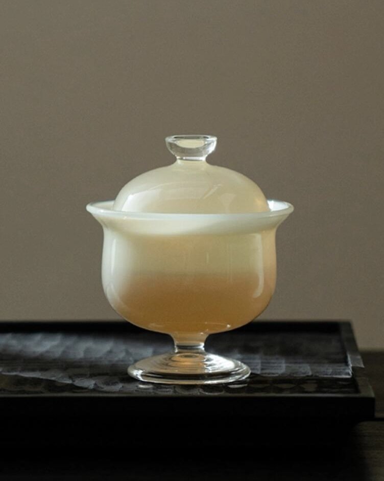 Jade-White-Glass-Yellow-High-Foot-150ml-Gaiwan1 Jade White Glass Yellow High Foot 150ml Gaiwan