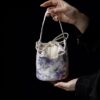 Minimalist Artistic Chinese Style Cotton Linen Purple Floral Pattern Carrying Bag