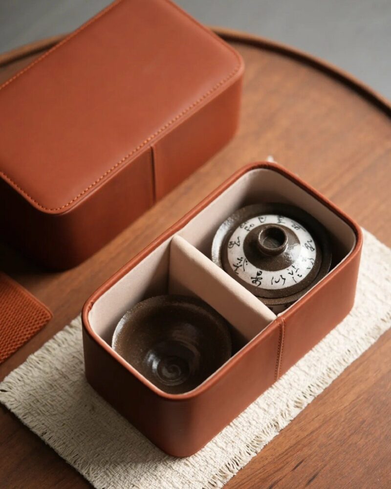 Portable Leather Tea Kit 20x12x9cm Carrying Bag