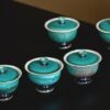 Chinese Style Ceramic Peacock green flower-rim high-foot with verdigris kiln-change crackle glaze 120ml Gaiwan