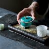 Chinese Style Ceramic Peacock green flower-rim high-foot with verdigris kiln-change crackle glaze 120ml Gaiwan
