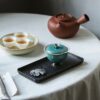 Chinese Style Ceramic Peacock green flower-rim high-foot with verdigris kiln-change crackle glaze 120ml Gaiwan