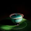 Chinese Style Ceramic Peacock green flower-rim high-foot with verdigris kiln-change crackle glaze 120ml Gaiwan