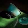 Chinese Style Ceramic Peacock green flower-rim high-foot with verdigris kiln-change crackle glaze 120ml Gaiwan