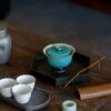 Chinese Style Ceramic Peacock green flower-rim high-foot with verdigris kiln-change crackle glaze 120ml Gaiwan