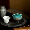 Chinese Style Ceramic Peacock green flower-rim high-foot with verdigris kiln-change crackle glaze 120ml Gaiwan