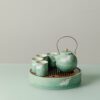 Hand-painted Ceramic Cloud Green Resting Cat With Bamboo Tray Chinese Tea Set