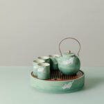 Hand-painted Ceramic Cloud Green Resting Cat With Bamboo Tray Chinese Tea Set
