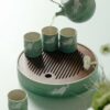 Hand-painted Ceramic Cloud Green Resting Cat With Bamboo Tray Chinese Tea Set