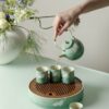 Hand-painted Ceramic Cloud Green Resting Cat With Bamboo Tray Chinese Tea Set