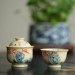 Hand-painted Qinghua Underglaze Red Porcelain Jie Zi Shu Calligraphy Bamboo and Rock 65ml Gaiwan Set