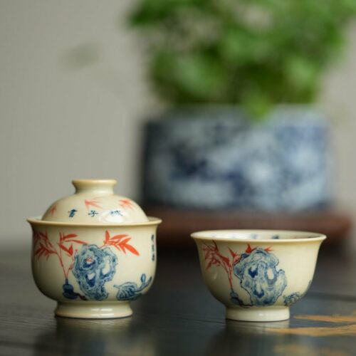 Hand-painted Qinghua Underglaze Red Porcelain Jie Zi Shu Calligraphy Bamboo and Rock 65ml Gaiwan Set