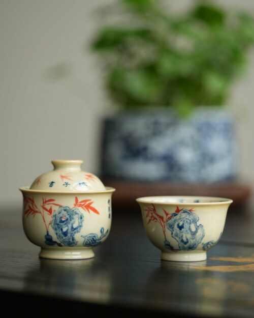 Hand-painted Qinghua Underglaze Red Porcelain Jie Zi Shu Calligraphy Bamboo and Rock 65ml Gaiwan Set